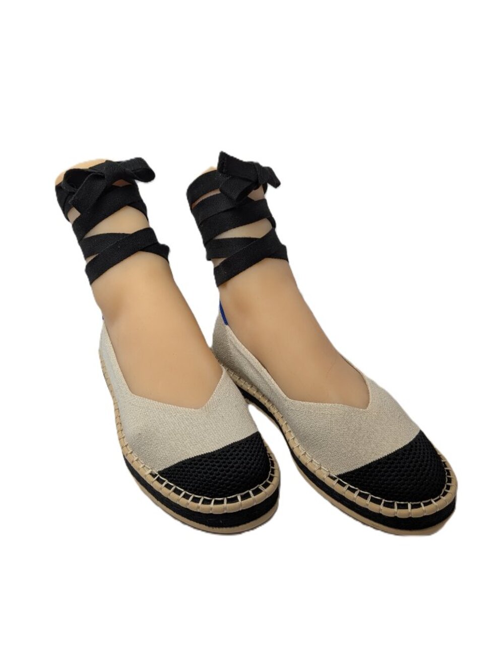 NWOT Rothy's Cream Black Espadrille Flats Ankle Wrap Laces 9.5 Sustainable - Picture 4 of 11